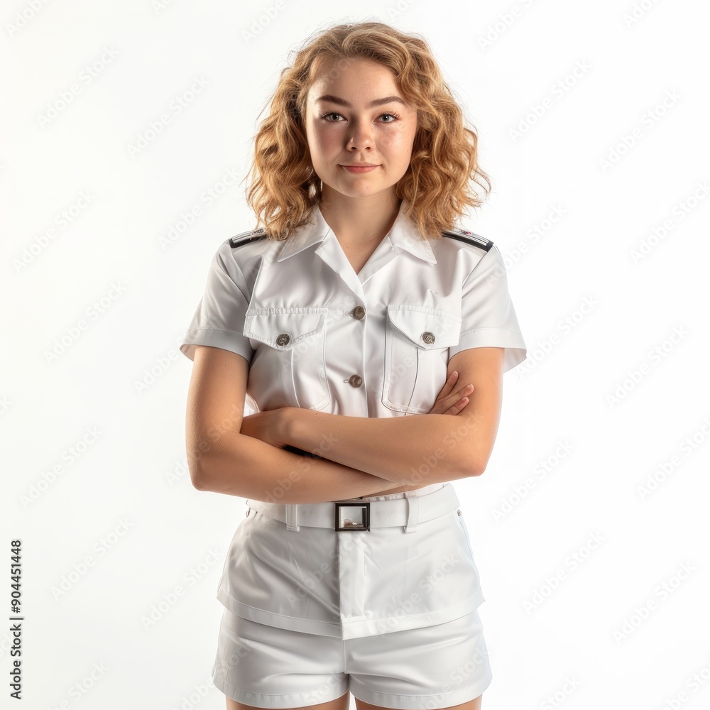 Medium shot of a stewardess in a short dress, frame by torso, isolated on a white background Medium shot of a stewardess in a short dress, frame by torso, isolated on a white background