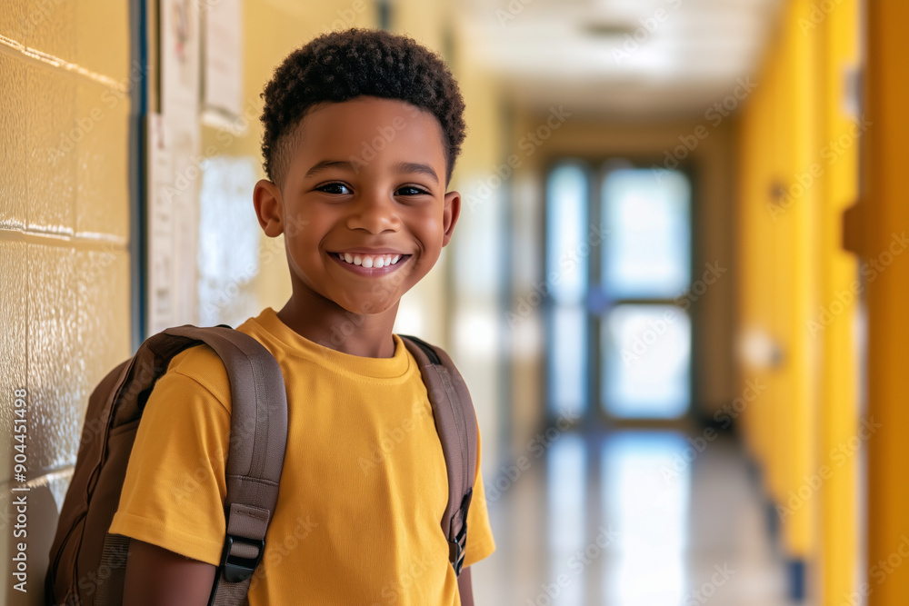 cheerful little black boy student with backpack walking through the ...