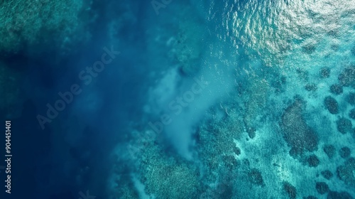 Ocean surface aerial top view, sea with coral reef