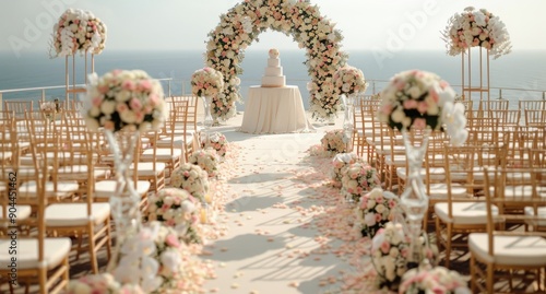 Elegant Beachfront Wedding Ceremony With Floral Decor and Cake Setup at Sunset