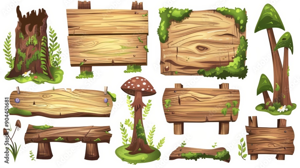 Featuring logs, wooden planks, stumps, and mushrooms against a green backdrop, this set is ideal for nature-inspired designs, animations, or artistic compositions. Featuring logs, wooden planks, stumps, and mushrooms against a green backdrop, this set is ideal for nature-inspired designs, animations, or artistic compositions.