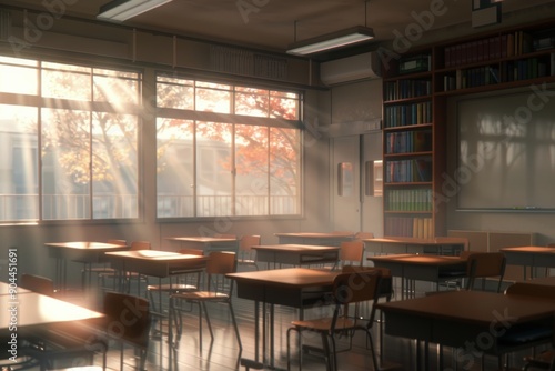 Sunlight Streaming Through Empty Classroom Desks in Afternoon
