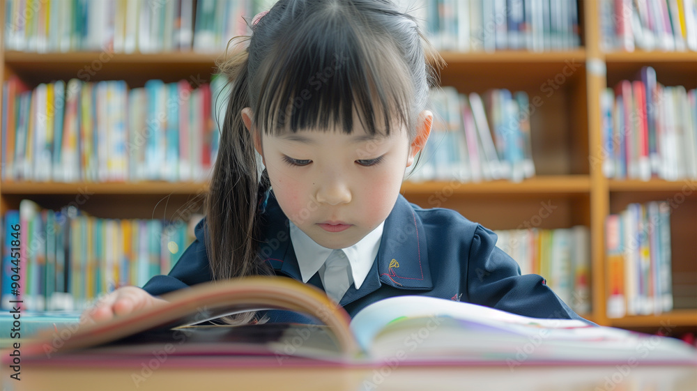 図書館で教科書を読む日本人の少女 図書館で教科書を読む日本人の少女
