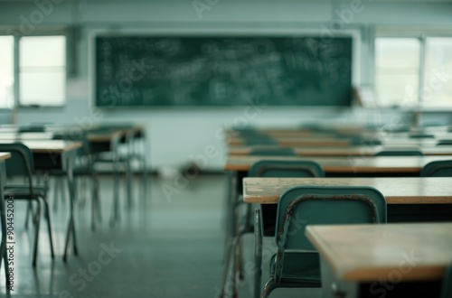 Desks Ready for Learning in Bright Classroom With Blackboard