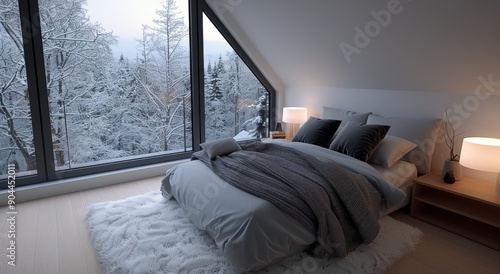 Cozy Bedroom With Large Windows Overlooking Snow-Covered Forest in Winter