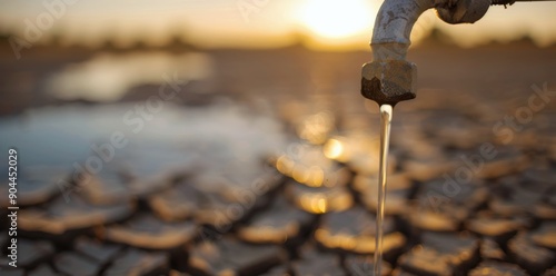 Water Dripping From Tap Amidst Cracked Ground at Sunset