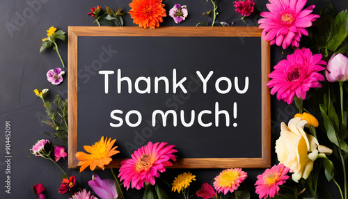 Blackboard thank you so much message dark background concept with flowers generative ai