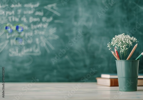 Classroom Desk With Books and Colorful Pencils in Front of Chalkboard