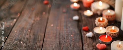 Candles and Decorative Ornaments on Rustic Wooden Table During Evening