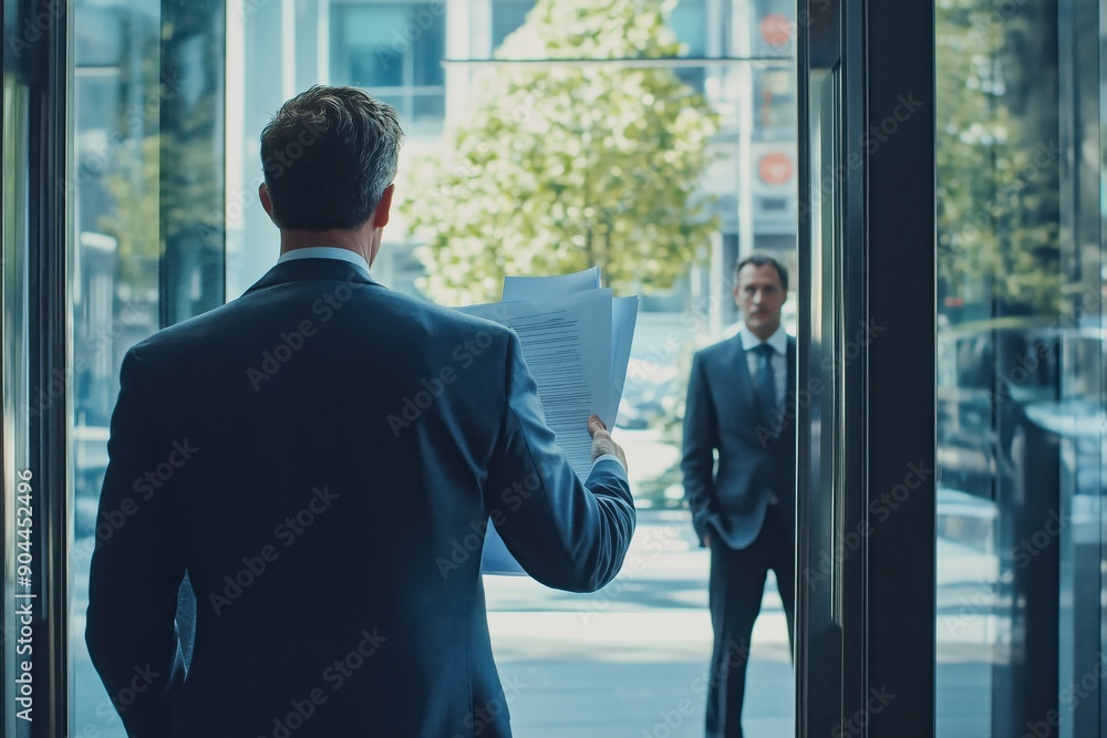Fototapeta premium a man in a jacket shows papers to another man in a suit