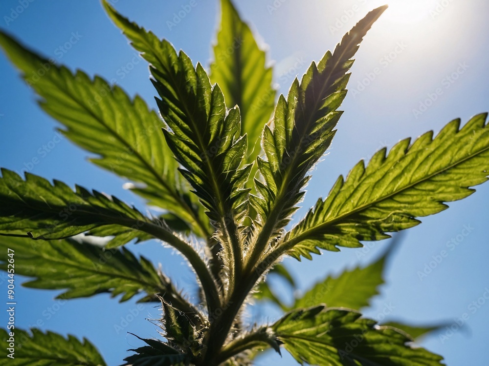 Cannabis leaf in sunlight with a bright blue sky backdrop Cannabis leaf in sunlight with a bright blue sky backdrop