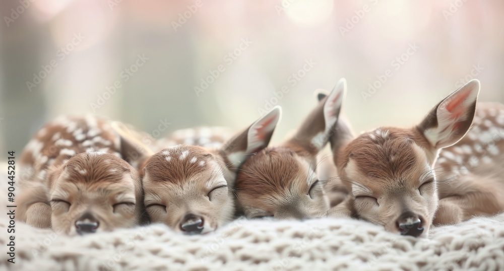 Four Sleeping Fawns Nestled Together in Soft Blanket With Blurry Lights Background Four Sleeping Fawns Nestled Together in Soft Blanket With Blurry Lights Background