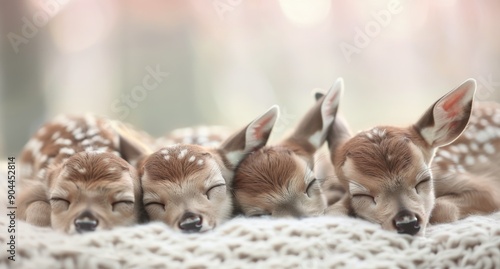 Four Sleeping Fawns Nestled Together in Soft Blanket With Blurry Lights Backg...