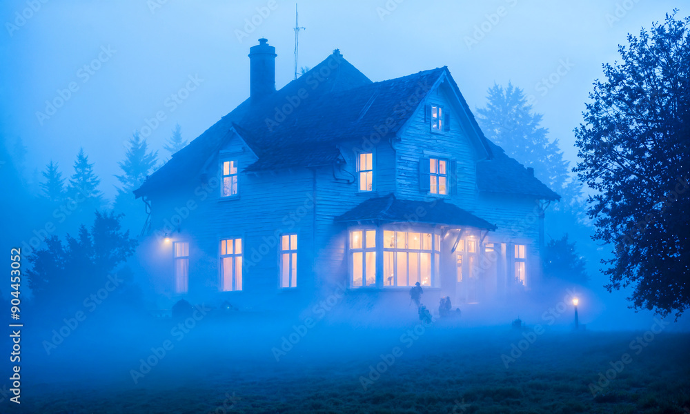 A Victorian house glows softly with blue light, enveloped by thick fog during the evening, creating an eerie and atmospheric setting. A Victorian house glows softly with blue light, enveloped by thick fog during the evening, creating an eerie and atmospheric setting.