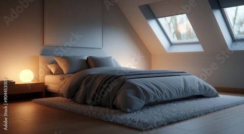 Cozy Bedroom With Large Windows Overlooking Snow-Covered Forest in Winter