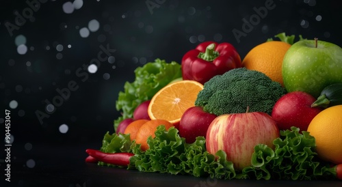 Fresh Produce Arrangement With Broccoli, Apples, and Citrus Fruits on Dark Ba...