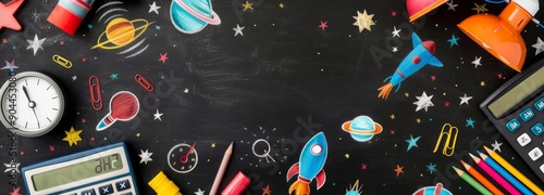 Colorful School Supplies and Rocket Illustrations on a Chalkboard Background