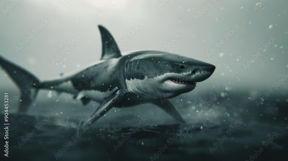 Fototapeta premium Great White Shark Swimming in Underwater Grass at Dusk