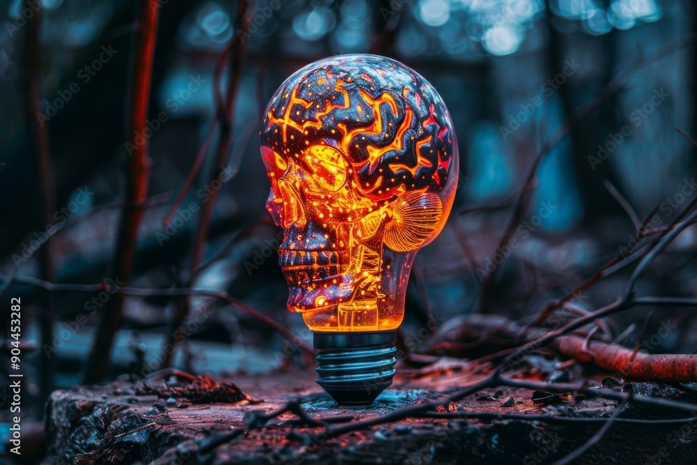 Glowing Brain Bulb Amidst Fallen Leaves Symbolizing Renewal and the Cycles of Intellectual Growth. Glowing Brain Bulb Amidst Fallen Leaves Symbolizing Renewal and the Cycles of Intellectual Growth.