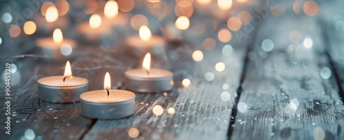 Candles and Decorative Ornaments on Rustic Wooden Table During Evening