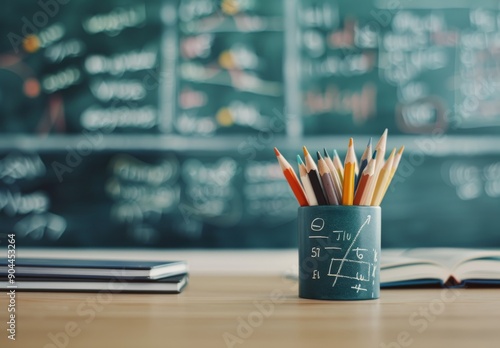 Colorful Pencils in Holder Next to Open Book and Stacked Textbooks in Classroom