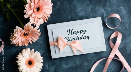 Birthday Card With Pink Ribbon And Flowers On Dark Background
