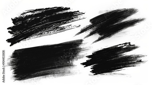 This image shows a collection of bold, abstract black paint strokes on a white background, showcasing a variety of textures and brush techniques used in modern art.