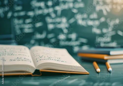 Open Book On Stack Of Textbooks With Chalkboard Background And Blurred Lights