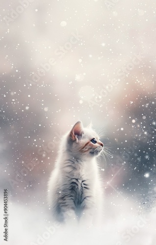 Snowfall Over a Curious Cat Enjoying Winter Outdoors