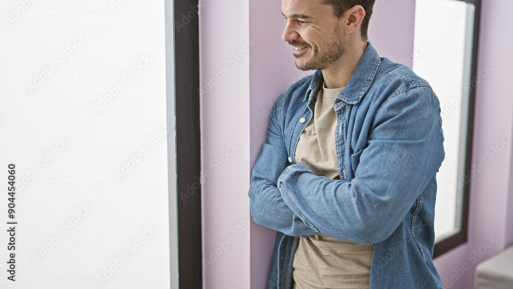 Smiling bearded man with crossed arms wearing denim in an indoor home setting. Smiling bearded man with crossed arms wearing denim in an indoor home setting.