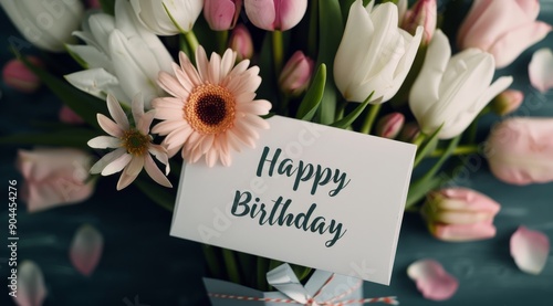 Birthday Card With Pink Ribbon And Flowers On Dark Background