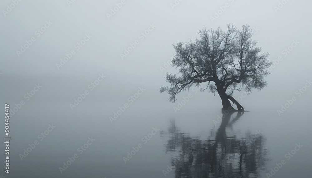 A solitary tree standing in calm water with its reflection beautifully mirrored in the misty, tranquil scene, creating a sense of peace and solitude. A solitary tree standing in calm water with its reflection beautifully mirrored in the misty, tranquil scene, creating a sense of peace and solitude.