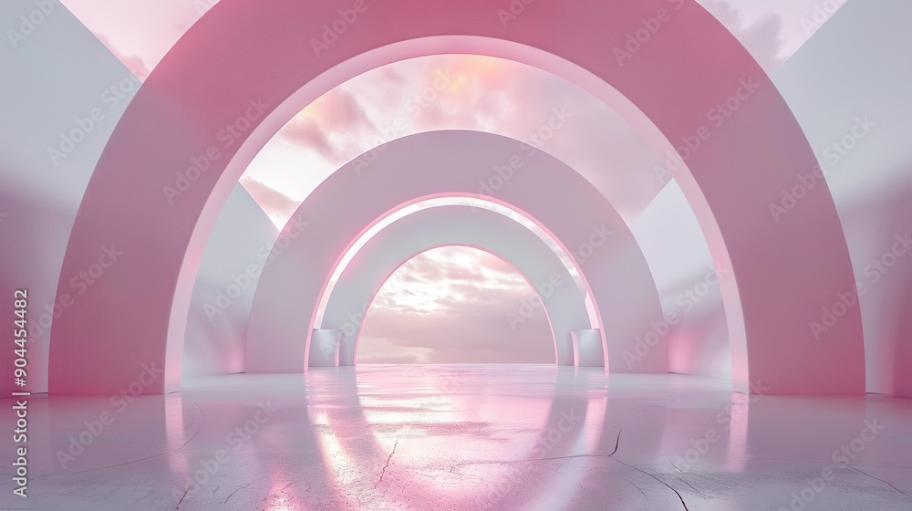 Obraz premium A white and pink tunnel leads to a sky with clouds in the background