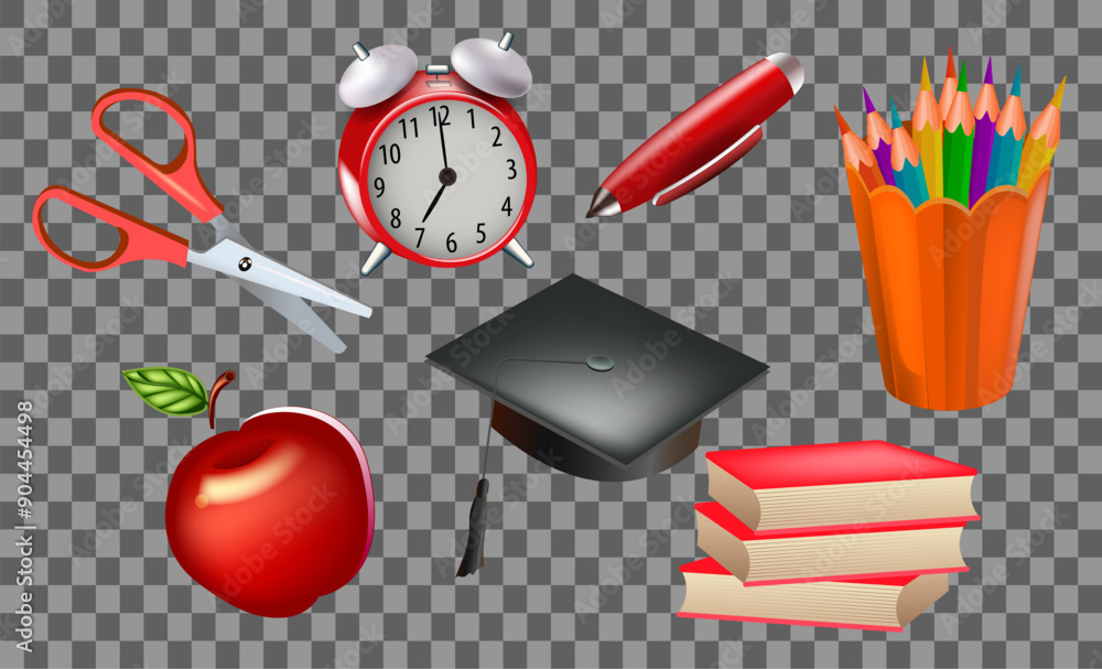 Set of school-themed icons, clock, pen, pencils and more. Realistic, colorful. Vector illustration Set of school-themed icons, clock, pen, pencils and more. Realistic, colorful. Vector illustration