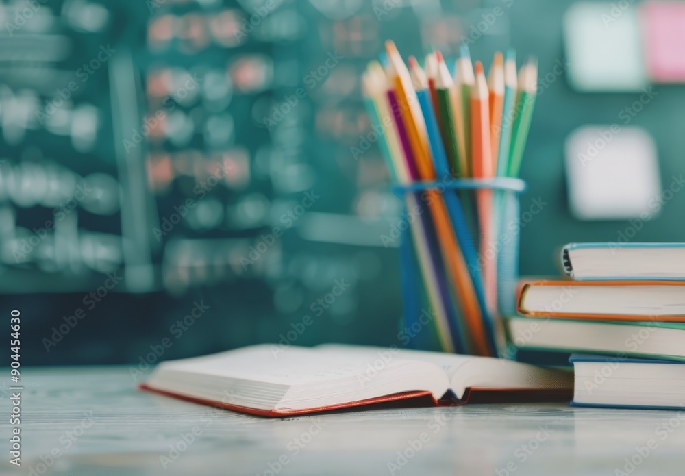 Colorful Pencils in Holder Next to Open Book and Stacked Textbooks in Classroom Colorful Pencils in Holder Next to Open Book and Stacked Textbooks in Classroom