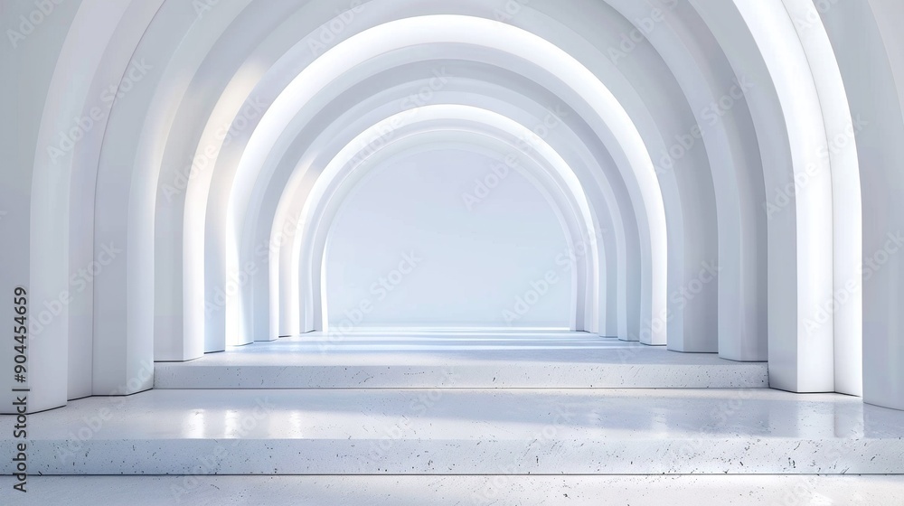 A long row of arches lines a white room, ending in a tunnel lit by a distant light A long row of arches lines a white room, ending in a tunnel lit by a distant light