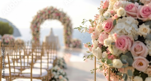 Elegant Beachfront Wedding Ceremony With Floral Decor and Cake Setup at Sunset