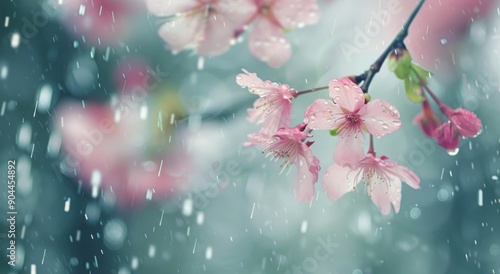 Cherry Blossom Branch in Rainy Weather at Dusk