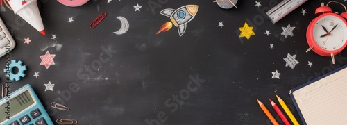 Colorful School Supplies and Rocket Illustrations on a Chalkboard Background