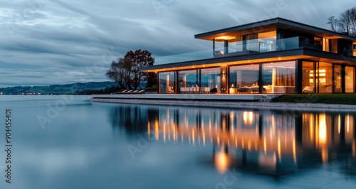 Modern Lakeside House With Reflection at Dusk