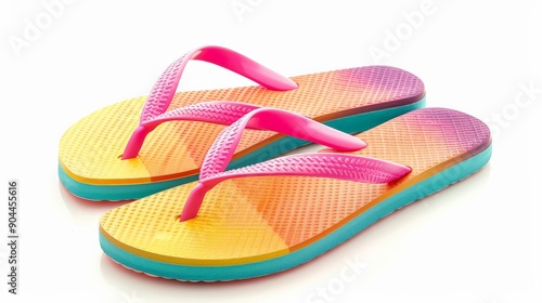 This image displays a pair of vibrant flip flops featuring a gradient design from yellow to blue with striking pink accents, perfect for adding a splash of color to any sunny adventure.