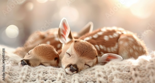 Fawns Sleeping Peacefully on Cozy Blanket in Soft Morning Light