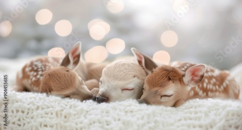 Four Sleeping Fawns Nestled Together in Soft Blanket With Blurry Lights Backg...