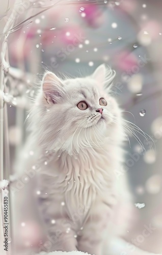 Whimsical Cat Gazing Calmly Amidst Soft Snowfall in a Winter Wonderland