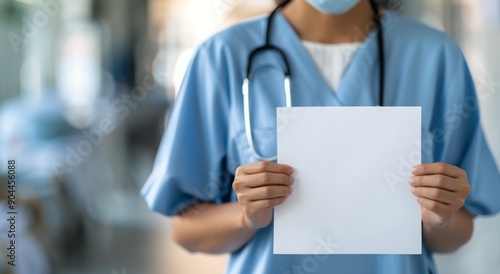 Healthcare Professional Holding Blank Paper in Hospital Corridor During Daytime
