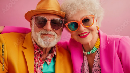 elderly couple with garishly colored clothes and jewelry in front of a pink background photo