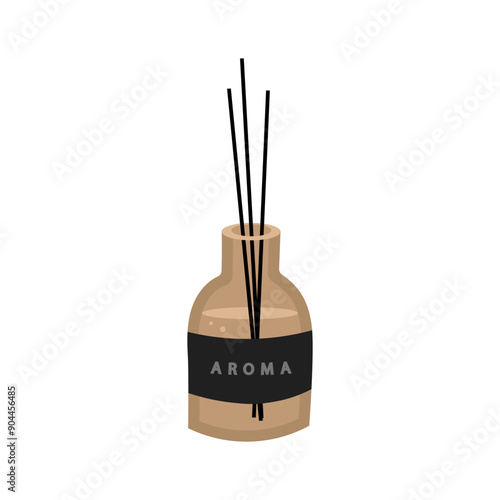 Aroma diffuser bottle with bamboo sticks. Aromatherapy, fresh scents, home perfume, oil fragrance, natural odors, aromatic fragrant liquids set. Flat vector illustration isolated on white background