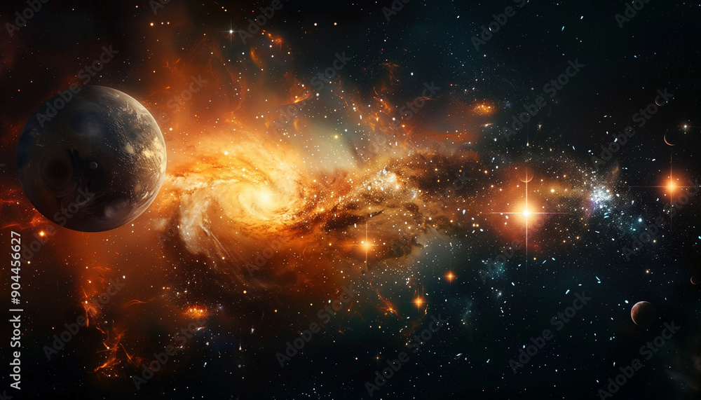 Obraz premium A stunning cosmic scene showcasing a swirling nebula with vibrant orange and yellow hues, planets, and bright stars scattered across the vast expanse of space.