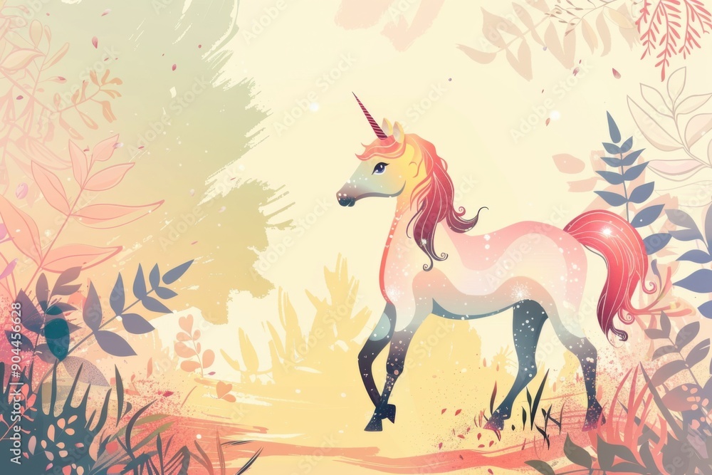 Fototapeta premium Flat illustration. Invitation to a children's birthday. Template with a cute magical unicorn on a background of flowers and leaves. Horizontal banner. Free space for text.