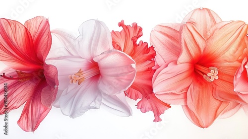  A cluster of pink and white blossoms resting together on a white background, featuring a solitary pink bloom at the photo's center